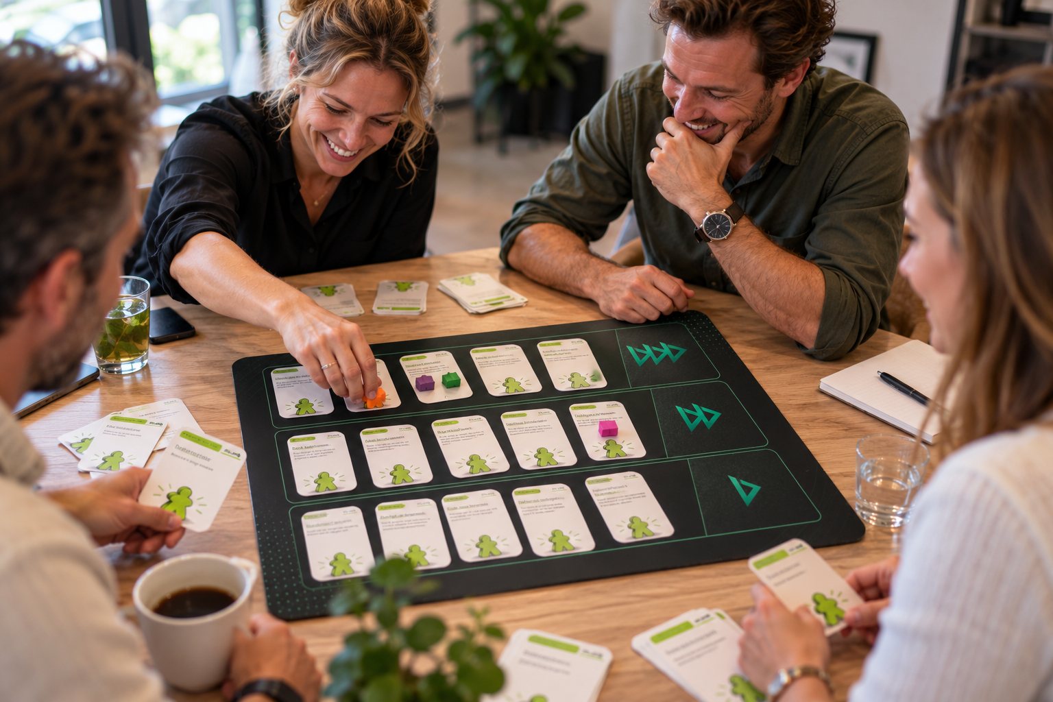Collega’s spelen samen het vaardighedenspel aan tafel, met het originele spelbord met drie banen